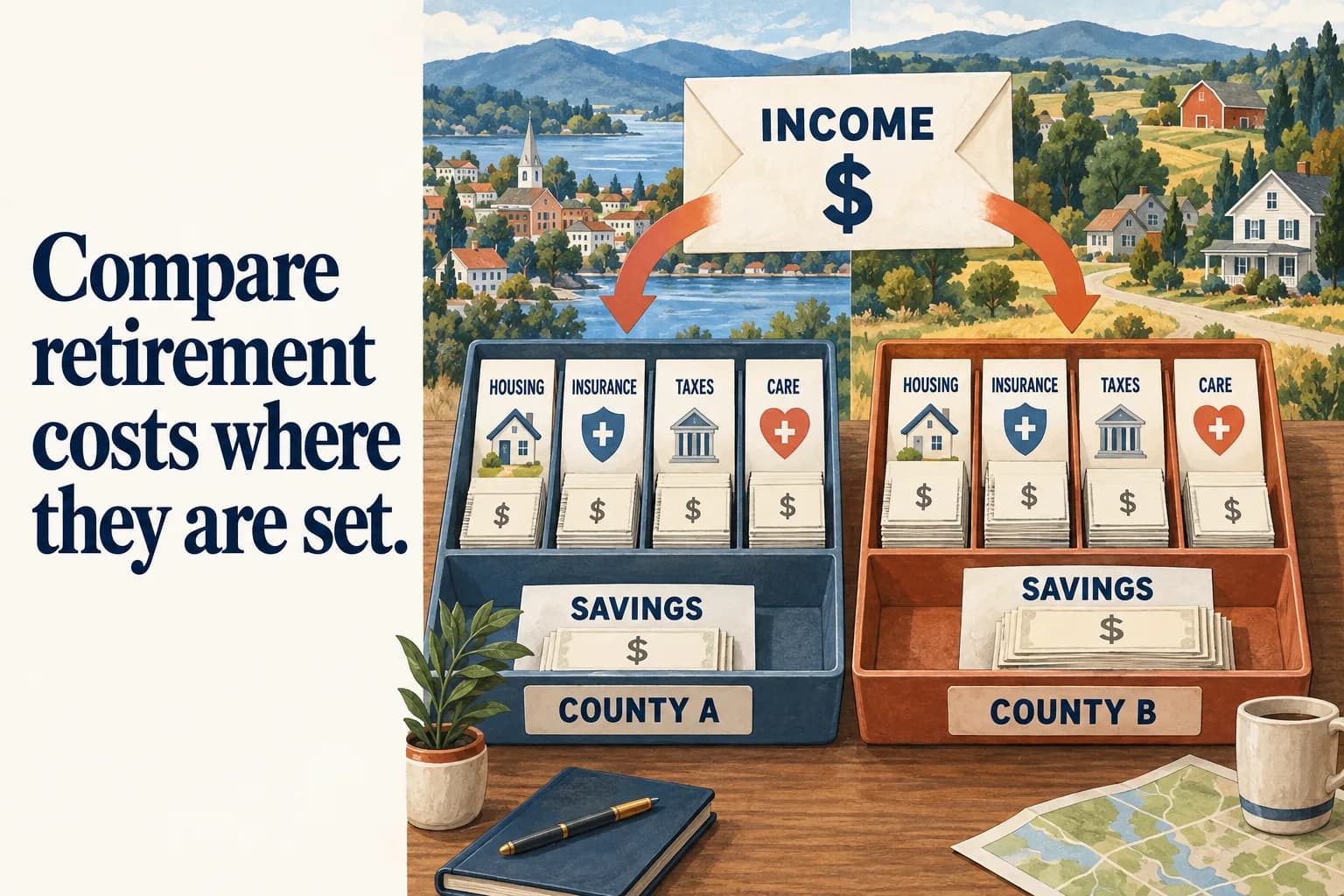 A constant income envelope feeds two county budget trays with different housing, policy, tax, and care compartments; different savings reserves remain after each; the headline reads “Compare retirement costs where they are set”.