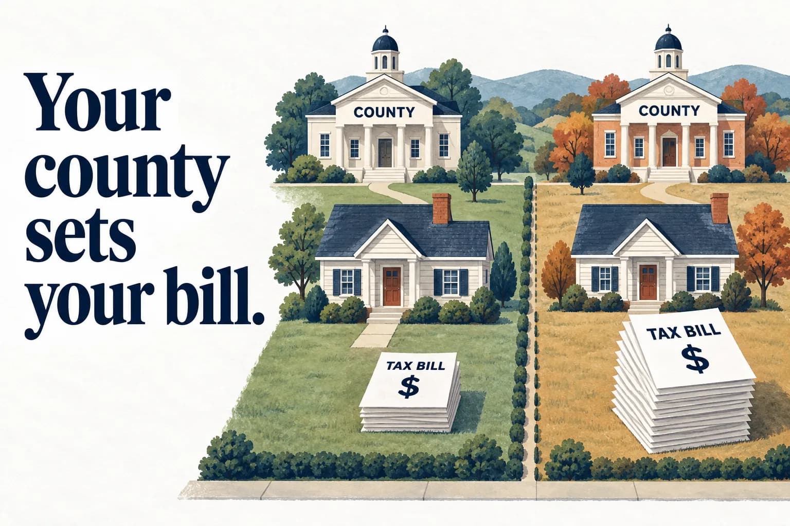 Two county civic buildings and matching homes stand beside different stacks of labeled tax bills; the headline reads “Your county sets your bill.”