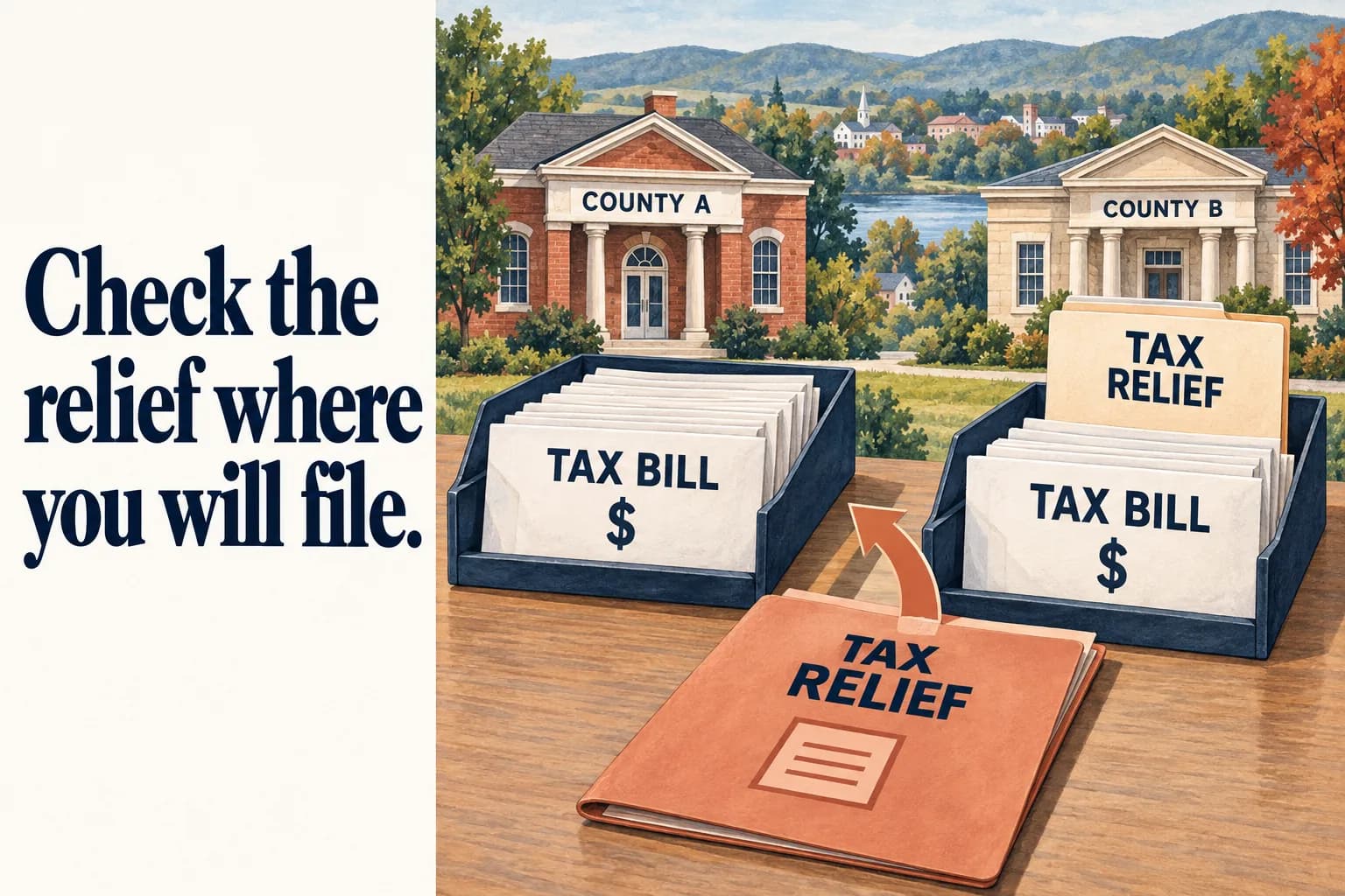 Two neighboring county filing trays hold similar home-tax envelopes; one has an exemption sleeve reducing the stack after an application folder passes through it; the headline reads “Check the relief where you will file”.