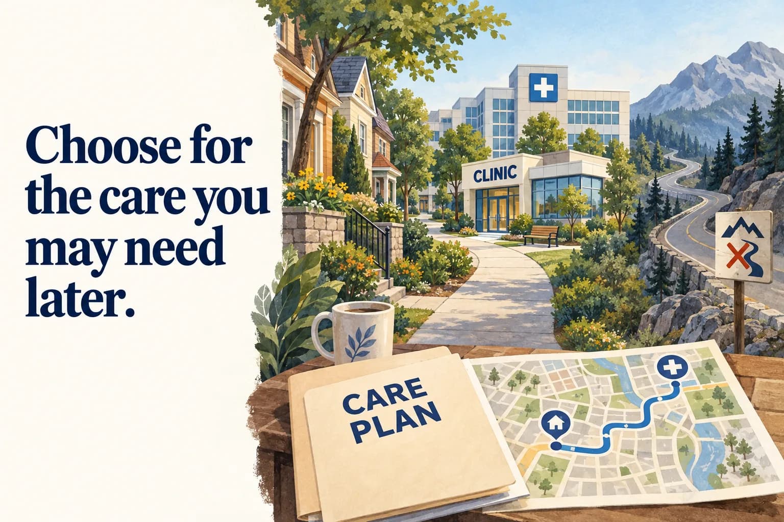 A route begins at a lively generic neighborhood and extends past an accessible doorway toward a nearby hospital and specialist building, avoiding a distant mountainous detour; the headline reads “Choose for the care you may need later”.