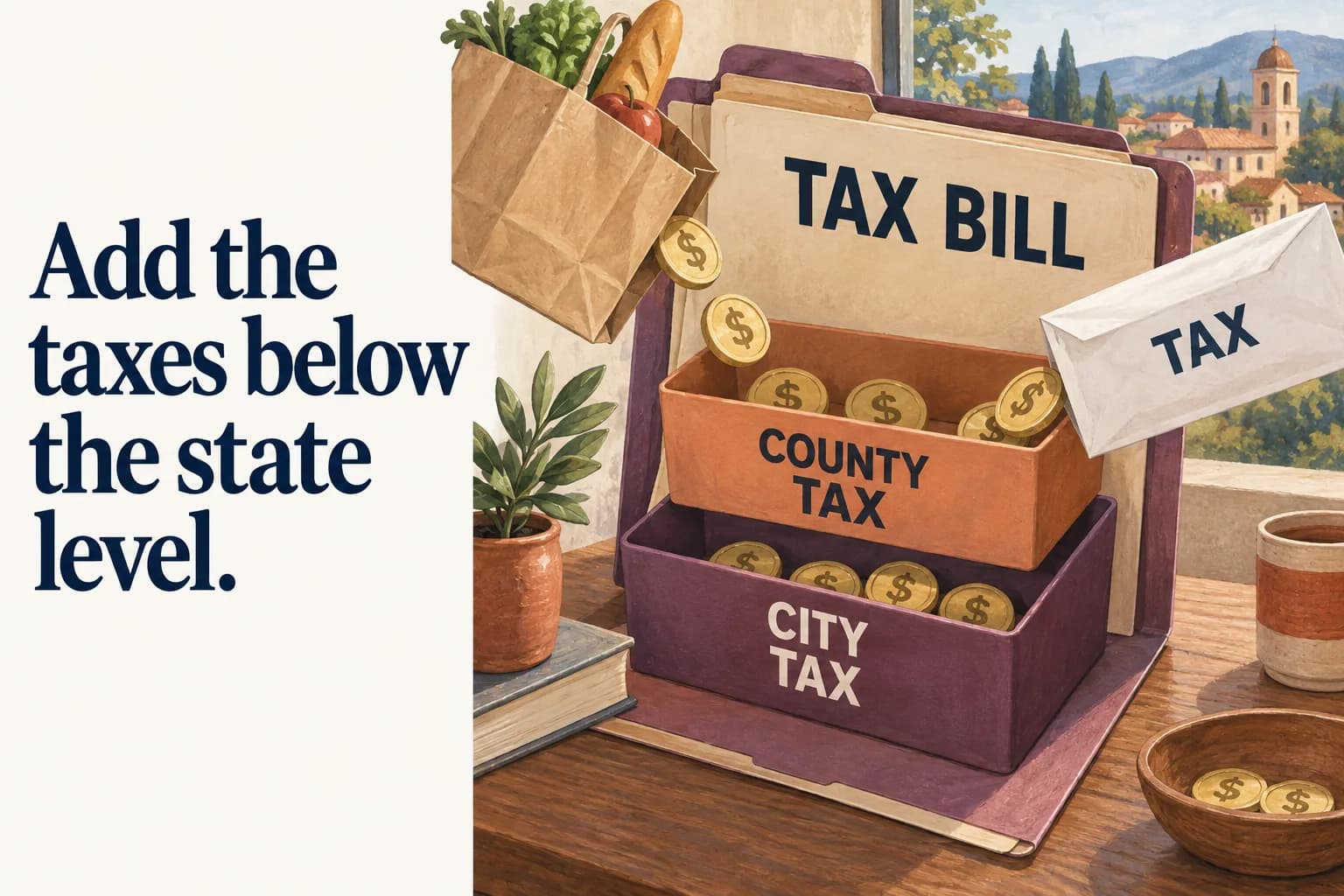 A large jurisdiction folder opens to reveal nested city and county trays collecting small tax tokens from shopping bags and an income envelope; the headline reads “Add the taxes below the state level”.