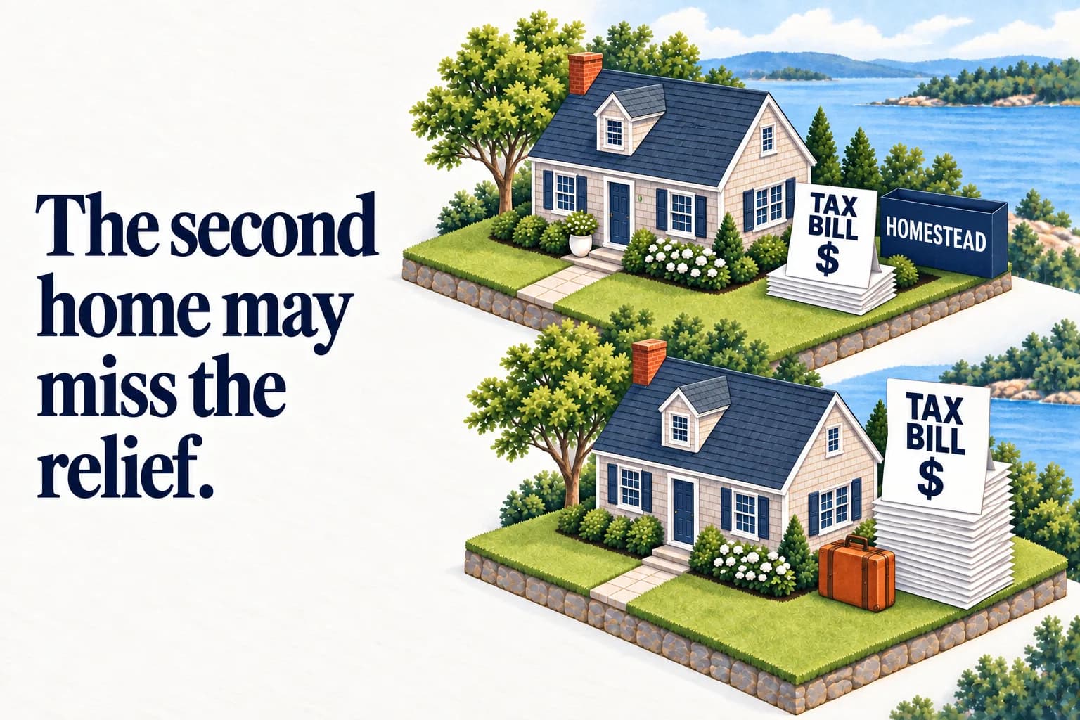 Two matching homes have different stacks of labeled tax bills, with a homestead folder at one and a suitcase at the other; the headline reads “The second home may miss the relief.”