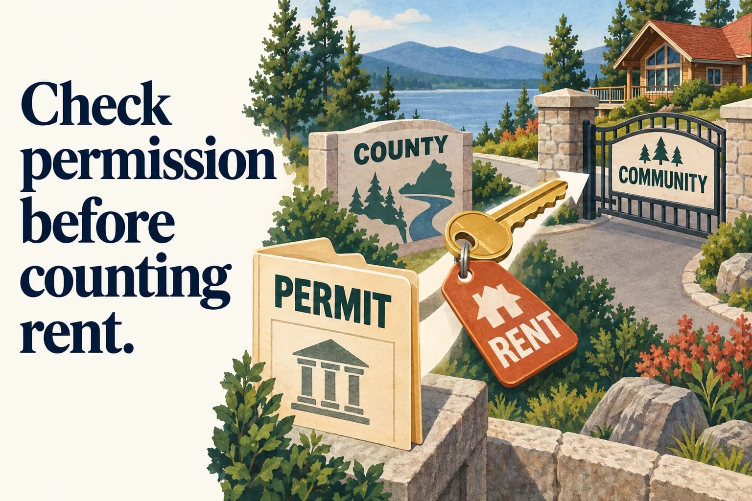 A seasonal home's rental key passes through three nested checkpoints: a civic permit folder, a county boundary, and a community gate; the headline reads “Check permission before counting rent”.