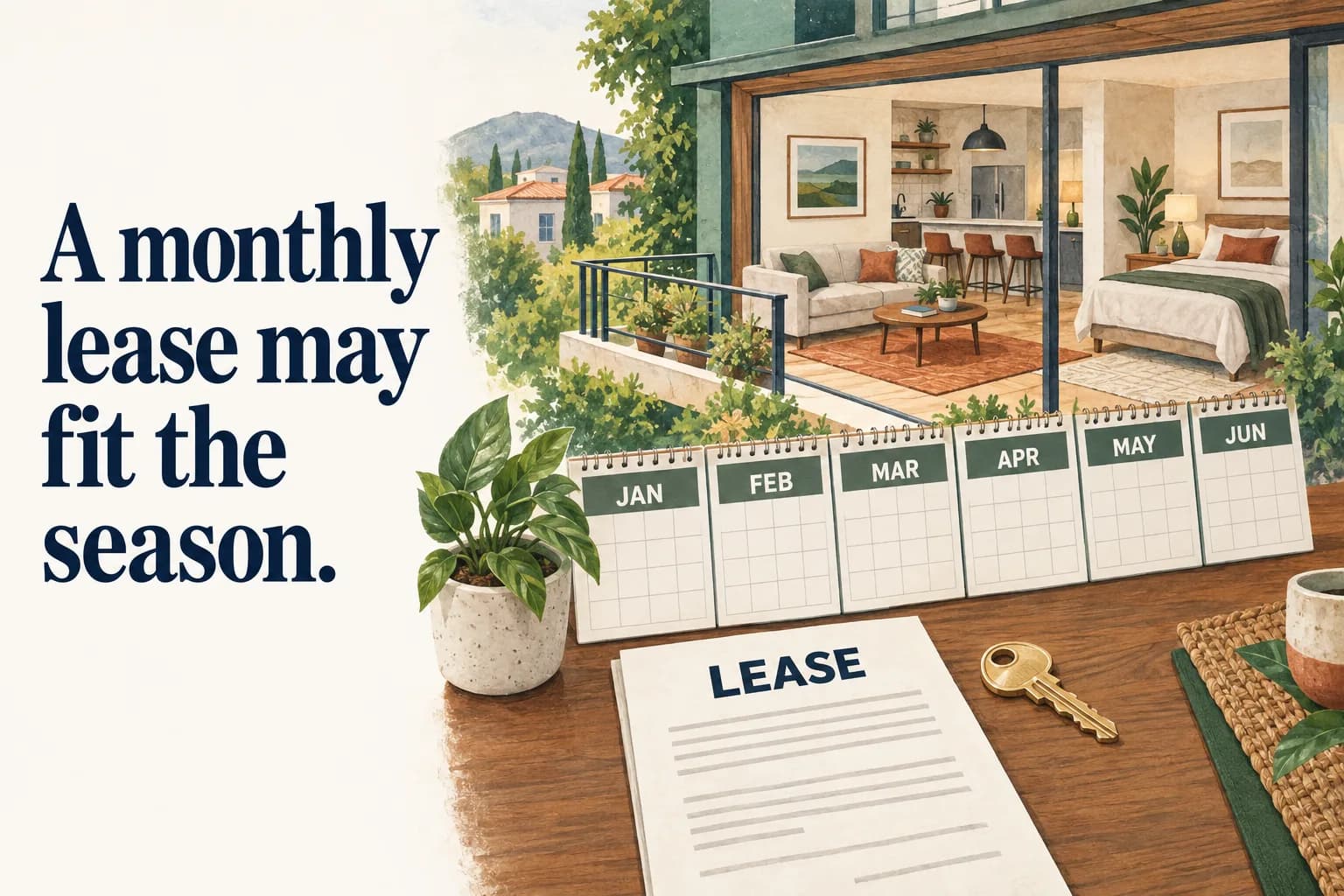 A furnished rental apartment cutaway sits beside a long strip of blank monthly calendar panels, a plain lease, and a single stable key rather than many short-stay keys; the headline reads “A monthly lease may fit the season”.