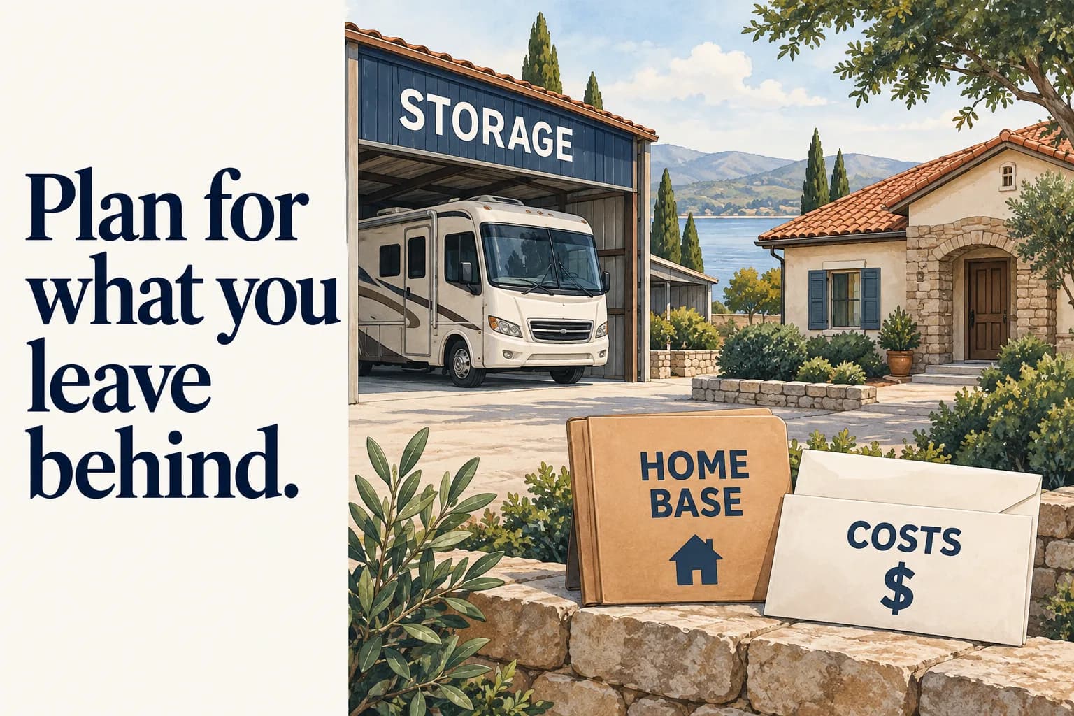 An RV sits in a covered storage bay beside a closed seasonal home; a community rule folder controls the driveway and a policy envelope protects the house separately; the headline reads “Plan for what you leave behind”.
