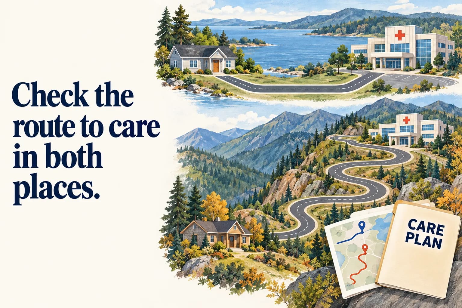 Two home parcels connect to two generic hospital exteriors; one route is short and direct, the other winds around hills before reaching care; the headline reads “Check the route to care in both places”.