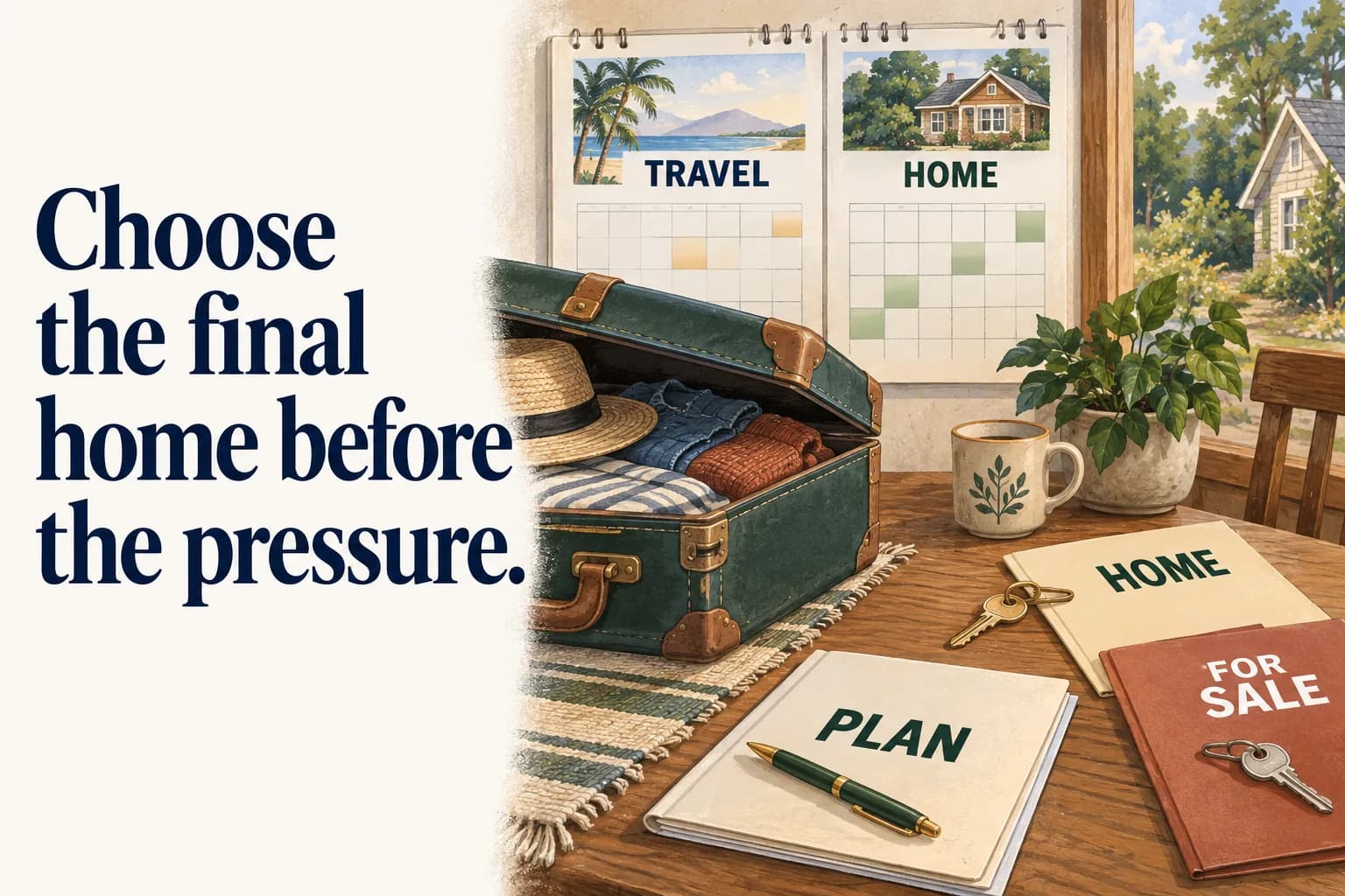 A travel trunk gradually closes beside a two-home seasonal calendar; one home key remains at a stable domestic desk while the other rests with a sale folder; the headline reads “Choose the final home before the pressure”.