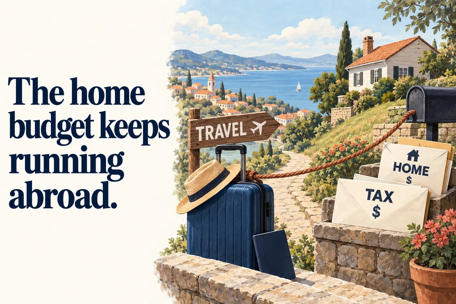 An unmarked passport and travel bag move toward a distant horizon while a tether leads back to a U.S; the headline reads “The home budget keeps running abroad”.