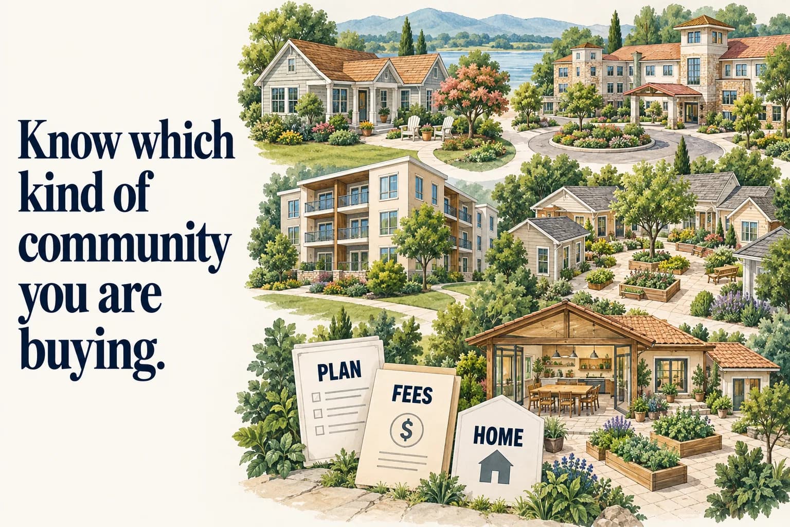 Five miniature architectural cutaways show an active-adult home, a connected care campus, independent apartments, a domestic support courtyard, and co-housing around a shared kitchen; the headline reads “Know which kind of community you are buying”.