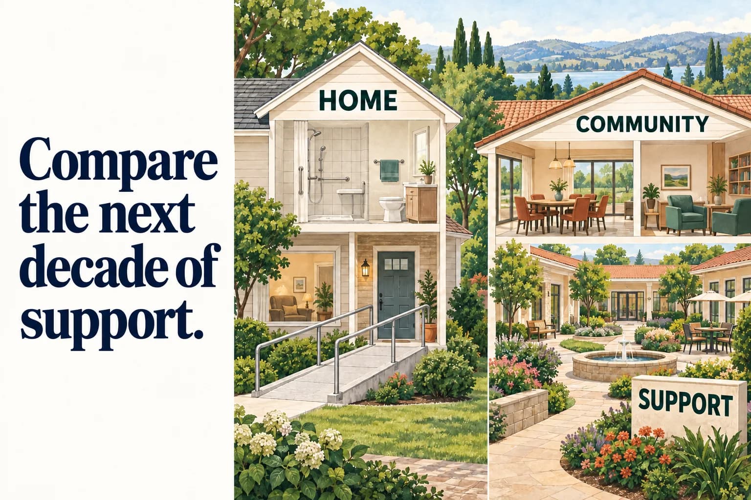 Two architectural sections: an existing home with a ramp and accessible bathroom, and a residential courtyard connected to shared dining and support rooms; the headline reads “Compare the next decade of support”.
