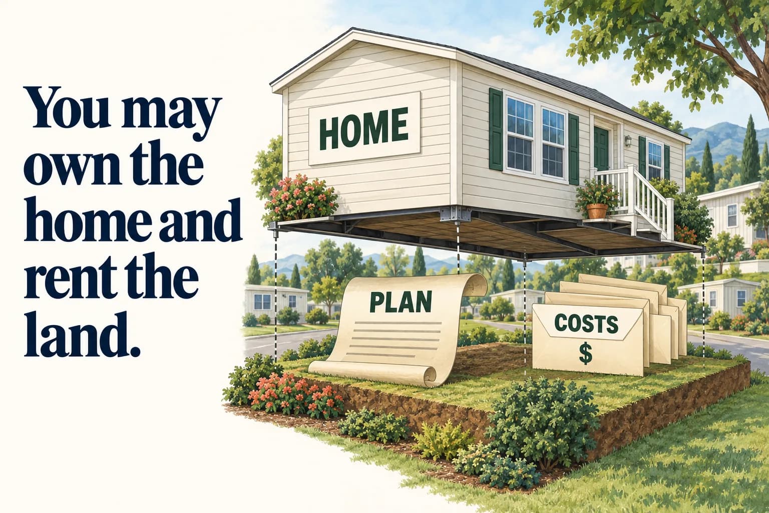 A modest manufactured home lifts slightly above its land parcel, revealing a separate land-lease scroll and recurring rent envelopes beneath the owned structure; the headline reads “You may own the home and rent the land”.