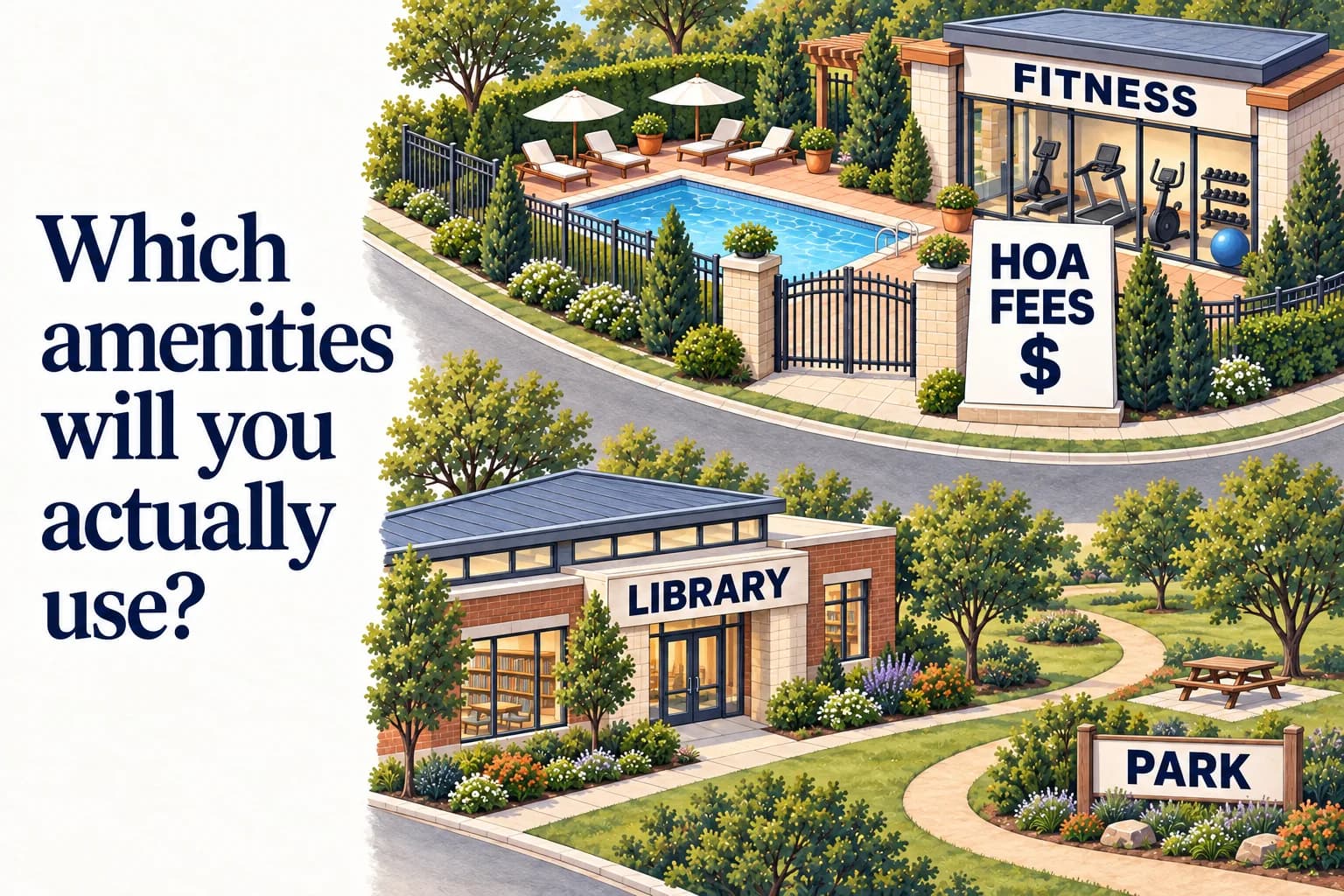 A private pool and fitness pavilion with a labeled HOA fee bill face a public library and park across a street; the headline asks “Which amenities will you actually use?”